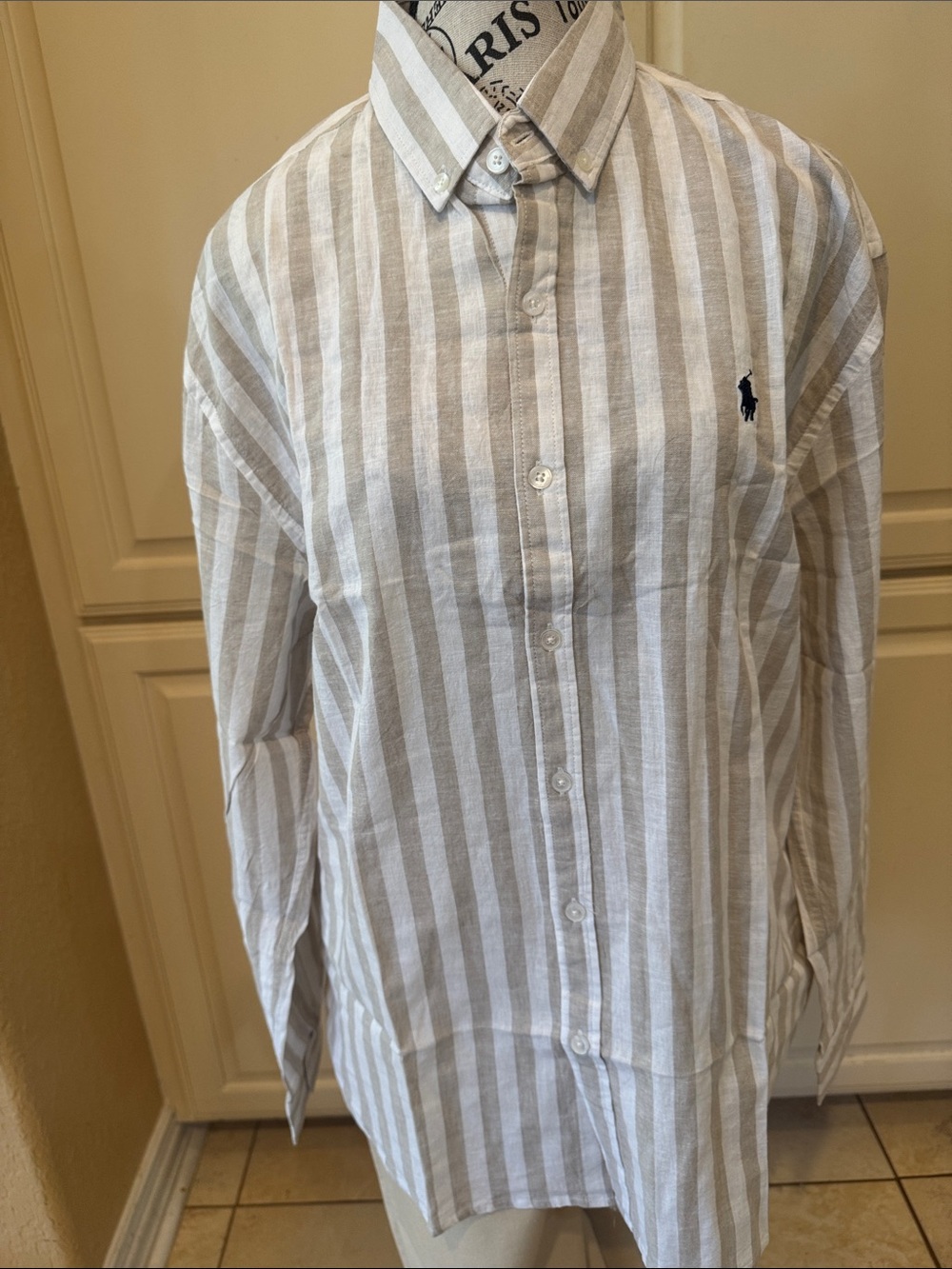 Polo by Ralph Lauren Men’s Vertical Stripe Linen Button-Down Shirt - White & Tan